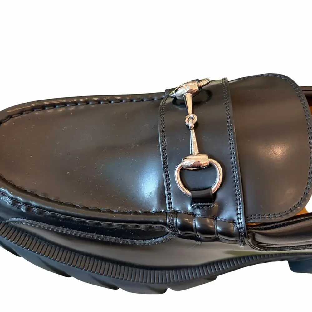 Gucci Mens Horsebit Leather Loafers Lug Sole 658822 Black Sz EU 12 | US 12.5 NEW